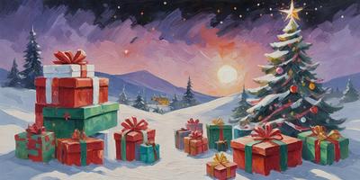 The primary subject of the image is a snowy landscape with a sunset in the background. The setting includes a mountain in the distance and a village in the foreground. The visual style is a painting, with a vibrant color palette that creates a warm and inviting atmosphere. The colors and mood of the image are predominantly red, orange, and yellow, with the sunset adding a sense of warmth and tranquility to the scene.